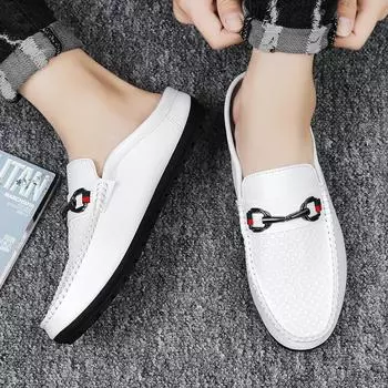 FashionMale Shoes All-match Muller Shoes Men Leather Fashion Half Slipper Summer Men Loafers Flats Slippers for Outdoor Walking Shoes 39 чёрный