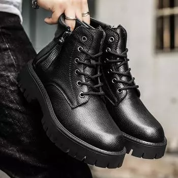 FashionMale Shoes Genuine Leather Men Casual Ankle Boots Male Comfortable Low Top Shoe High Quality Side Zipper Men s Motorcycle Boots 38 чёрный