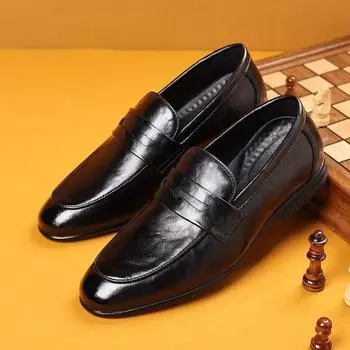 FashionMan Loafers Slip-on Black Round Toe Solid Color outdoor fashion Party Wedding Dress Daily Leather Fashion Casual shoes men 6.5 чёрный