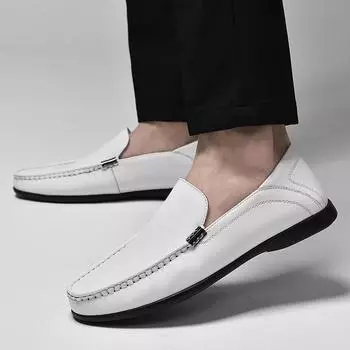 FashionMen Casual Shoes Breathable Leather Men Loafers Business Office Shoes For Men Driving Moccasins Comfortable Slip On White Shoes 36 чёрный