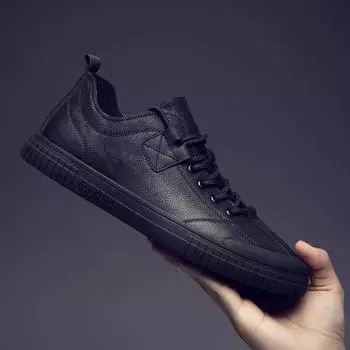 FashionMen Casual Shoes lace up Sneakers 2024 New High Quality Vintage Shoes Men Cow Leather Flats Leather Shoes Men sneakers 6.5 чёрный