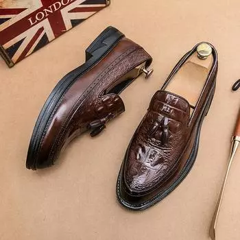 FashionMen Dress Shoes Crocodile Pattern Leather Luxury Fashion Groom Wedding Shoes Luxury italian Tassel style Oxford Shoes Big Size46 37 чёрный