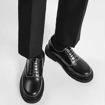 FashionMen Genuine Leather Derby Shoes Male Square Toe Lace Up Platform Flats Business Dress Shoes Formal Wedding Footwear 38 чёрный