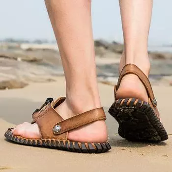 FashionMen Genuine Leather Snadals Outdoor Soft Breathable Casual Shoes Lightweight Outdoor Summer Beach Sandals Slippers Big Size 48 6.5 хаки