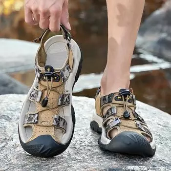 FashionMen High Quality Sandals Durable Handmade Stitching Hollow Out Flats Close Toe Non Slip Shoe for Indoor Outdoor Beach Sandals 38 чёрный