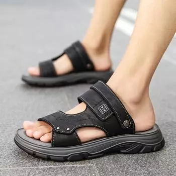 FashionMen Hiking Sandals fashion Leather Fisherman Sandal Outdoor Beach Sport Summer-open Toe men sandals casual beach slippers 6.5 чёрный