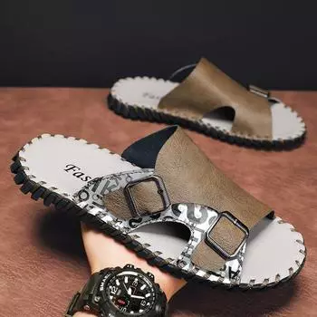 FashionMen Leather Sandals Classic Summer Men Handmade Slippers Soft Original Sandals Real Leather Slippers Men Outdoor Leather Slides 38 чёрный