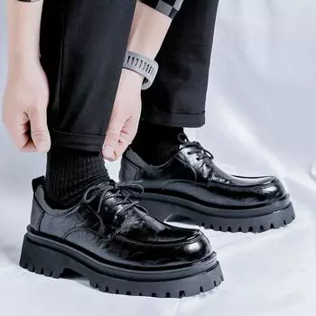 FashionMen Leather shoes outdoor fashion Platform Oxfords Slip on Thick Tottom Derby Shoes Casual Mens round Toe Formal Dress Shoes men 6.5 чёрный