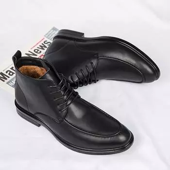 Модные мужские ботинки весна осень теплые мягкие повседневные кожаные ботинки на шнуровке уличные модные британские нескользящие уличные высокие рабочие туфли 6.5 чёрный