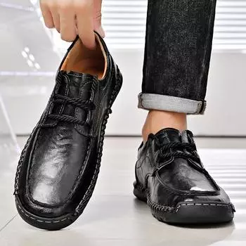 Модные мужские классические туфли на шнуровке для отдыха, прогулки, мужские универсальные мокасины, нескользящая обувь для ходьбы на открытом воздухе, кожаная повседневная деловая обувь 38 чёрный