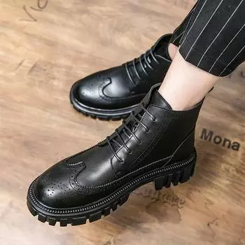 FashionMen s High Top Working Leather Shoes Auutmn Lace Up Men Shoe Breathable Retro Brown Casual Shoes for Men Outdoor Hiking Sneakers 38 чёрный