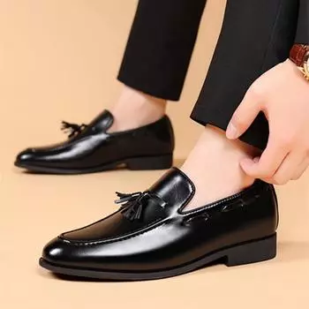 FashionMen s Leather Shoes slip on Fashion 2024 Thick Sole Non Slip and Waterproof Male Casual Shoe Slip-on Footwear Office moccasins 38 чёрный