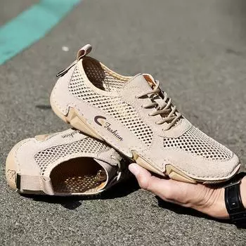 FashionMen s Pig Eight Leather Combination Mesh Shoes Eight Claw Fish Autumn Lace Up Comfortable Casual Shoes Outdoor Men Sneakers Shoe 38 бежевый