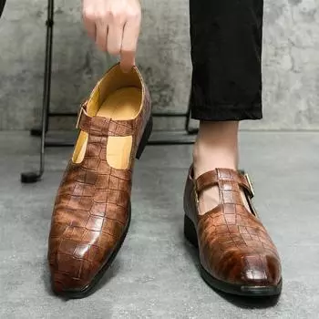 Модные мужские туфли с острым носком, роскошные туфли из коровьей кожи с крокодиловым принтом и пряжкой сбоку, модные туфли-лоферы для деловых людей и повседневная кожаная обувь 38 чёрный