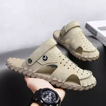 Модные мужские сандалии 2024 года, летние легкие тапочки ручной работы, удобная повседневная пляжная обувь для мужчин, модные туфли на плоской подошве 7 бежевый
