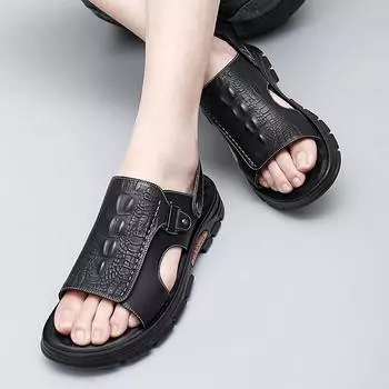 FashionMen s Summer Casual Sandals Fashion Breathable Beach Shoes Slippers Outdoor Double Wear Crocodile Leather Anti Slip Shoes 38 коричневый