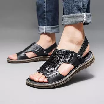 FashionMen s Summer Crocodile pattern Sandals Genuine leather comfortable slip-on casual sandals fashion Men slippers zapatillas hombre 38 чёрный
