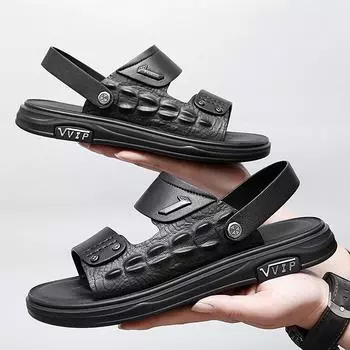 FashionMen s Summer Fashion Crocodile Sandals Slippers Adult Leisure Comfort Thick Sole Beach Shoes Anti slip Open Toe Leather Sandals 38 чёрный