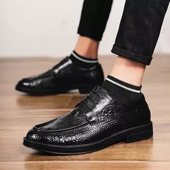 FashionMen shoes Fashion Leather Casual Shoes Mens Sneakers Outdoor Walking Shoes lace up New Anti-skid Wear Men s Business shoes 6.5 чёрный