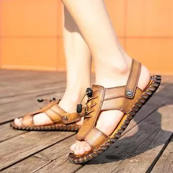 FashionMen Summer Gladiator Sandals 2025 New Casual Leather Beach Sandals Men s Shoes Breathable Comfortable Soft Roman Men Sandals 38 темные хаки