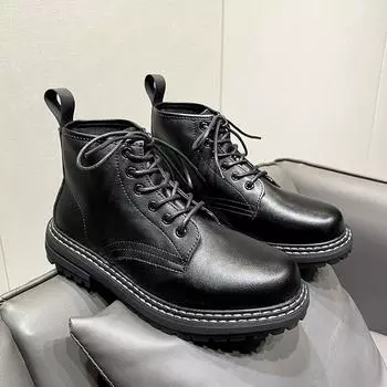 FashionMens Casual Chelsea Boots lace up Leather Black Outdoor ankle Boots Warm Plush Winter Motorcycle Ankle Boots men sneakers 6.5