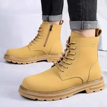 FashionNew 2024 Genuine Leather Mid Top Boots Men Thick Sole Classic Yellow/Black British Style Chelsea Boots High-top Men Lace Up Boot 38 чёрный