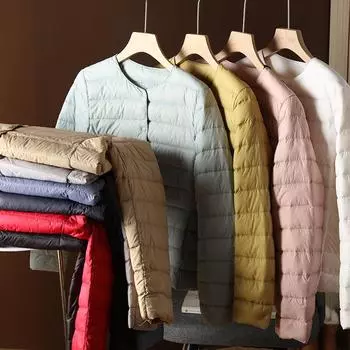 FASHIONnew 90% white duck down warm basic slim round neck light down jacket women s V-neck jacket Clothes M тёмно-синий