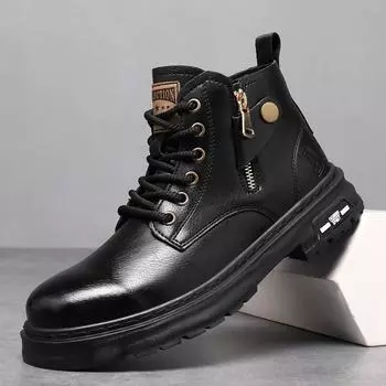 FashionNew Arrival Ankle Boots Mens Outdoor Comfortable Motorcycle Boots Classic Design High Top Man Casual Shoes Genuine Leather Botas 38 чёрный