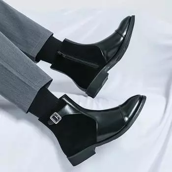 FashionNew Fashion Натуральная кожа Челси Ботинки ручной работы Мужские остроносые модельные ботинки Slip on Мужская повседневная обувь Ботинки с боковой молнией для мужчин 38 чёрный