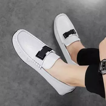 FashionNew Flats Mens Casual Dress Shoes Genuine Leather Slip-On Loafers Classic Men Shoes for Wedding All-match Male Outdoor Footwear 39 чёрный