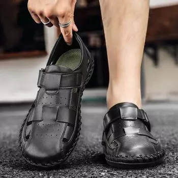 FashionNew Leather Summer Loafers Breathable Mens Sandals Durable Handmade Stitching Beach Flats Non Slip Outdoor Man Slip on Sandals 38 чёрный
