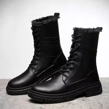 FashionNew Men Boots Winter Warm Casual Shoes Fashion Leather Boots Men High Quality Rubber Boots Riding Equestr Botas Hombre With fur 38 чёрный
