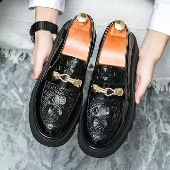 FashionNew Men Crocodile Pattern Leather Shoes Patent Leather Shoes with Thick Soles Loafers Fashion Luxury Men Slip on Mocassin Shoes 38 чёрный