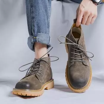 FashionNew Men Mid Top Boots Autumn Winter Leather Casual Shoes for Men Non-Slip Outdoor British Style Platform Fashion Hiking Sneakers 38 серый