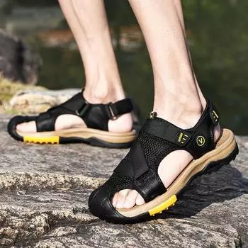 FashionNew Мужские сандалии из натуральной кожи Летняя пляжная обувь Мужские дышащие износостойкие сандалии для спорта на открытом воздухе Кожаная мужская обувь 38-46 38 чёрный