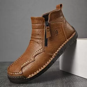 FashionNew Мужская обувь из натуральной кожи Роскошные туфли без застежек, ботильоны ручной работы, удобные зимние модные туфли средней длины на молнии ручной работы 38 светло-коричневого