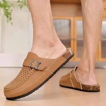 FashionNew мужские тапочки кожаные лоферы с толстой подошвой мужские уличные нескользящие полутапочки мужские универсальные модные удобные мужские туфли Muller 38 песочный