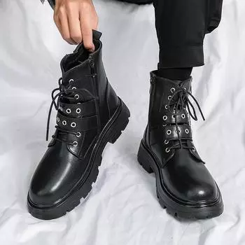 FashionNew Мужские высокие кожаные мотоциклетные ботинки из спилка, мужские повседневные ботинки на платформе, роскошный дизайн, мужские классические ботинки на осень/зиму 38 чёрный