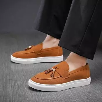 FashionNew Suede Loafers Casual Shoes Flock Brown Breathable Slip-On Tassels Spring Men Shoes Size 38-48 Zapatos De Hombre 38 чёрный