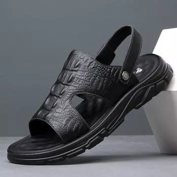 FashionNew Summer Crocodile Pattern Sandals Breathable Leather Men Beach Flip Flop Brand Men Casual Shoes Comfortable Slip-on Men shoes 38 чёрный
