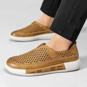 FashionNew Summer Leather Shoe Summer Men Loafers High Quality Mens Casual Loafers Moccasins Shoes Designer Shoes Men Soft Shoes 38 коричневый