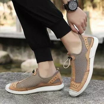 FashionNew Summer Men s Top Layer Cowhide Casual Fashion Breathable Mesh Shoes Brand Men s Outdoor Lightweight Mountaineering Shoes 38 чёрный