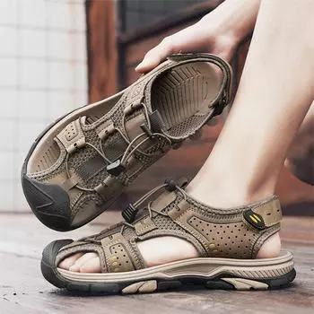 FashionNew Summer Mens Leather Sandals Antiskid Breathable Outdoor Sandalias Trekking Casual Beach Shoe Male Loafers Big Size 38-46 38 чёрный