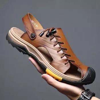 FashionNew Summer Sandals Genuine Leather Men s Shoes Comfort Casual Shoes for Men Handmade Outdoor Non-slip Beach Sandals Mocassins 38 хаки