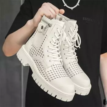 FashionNon-Slip Men s High Top Casual Leather Shoes Street Style Motorcycle Boots New Stylish Ankle Boots Thick Bottom Walking Footwear 38 чёрный