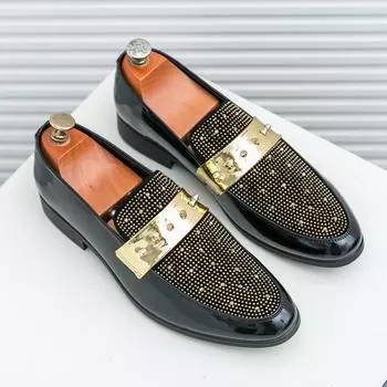 Fashionrhinestone модные мужские туфли из лакированной кожи золотистого цвета мужские туфли SlipOn с острым носком для свадьбы, деловой вечеринки, большой размер 38-47 38 золотой