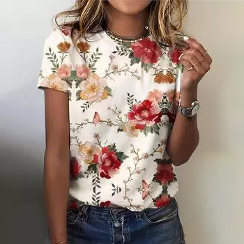 Модные женские футболки с цветочным узором, свободные, с круглым вырезом, большого размера, с короткими рукавами, повседневный уличный топ ярко-красного цвета S