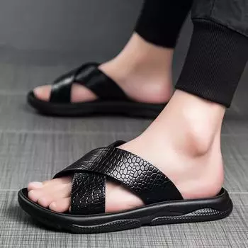 FashionSandals Мужские кожаные классические летние мужские тапочки для отдыха на открытом воздухе Мягкие черные тапочки Легкие шлепанцы для мужчин Нескользящие тапочки 39 чёрный
