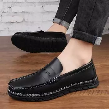 Fashionshoes men Fashion slip on Soft Moccasins Men Loafers handmade sewing High Quality Leather Shoes Mens Flats Driving Shoes men 6.5 чёрный