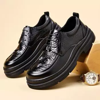 FashionShoes Men lace up Fashion Casual Leather Men s Dress Shoes black outdoor British Breathable Groom Platform Wedding Shoes Male 6 чёрный